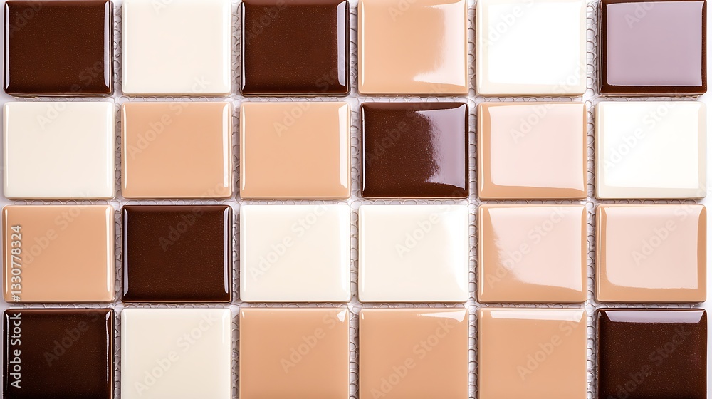 Fototapeta premium Close up of decorative, brown, tan, cream tile grid, full frame, creating a minimalist pattern, for home design