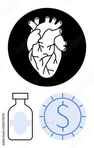Anatomical heart in black circle, medical vial, and coin with dollar sign highlighting health expenses, financial challenges, and medical choices. Ideal for healthcare, cost, pharma, insurance