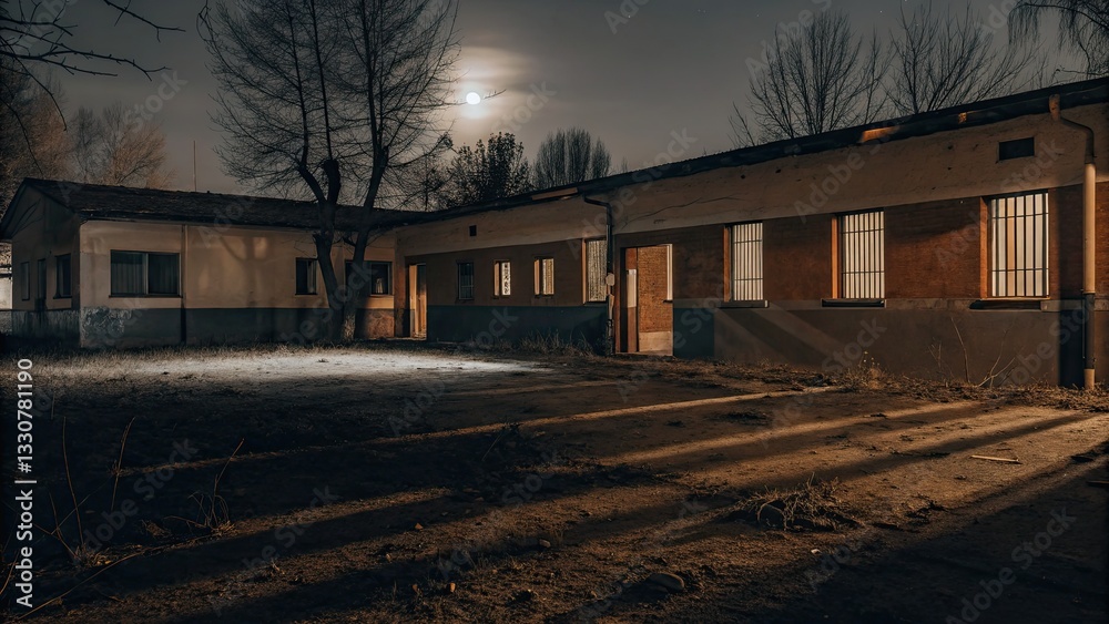 Obraz premium Moonlit abandoned building in a deserted courtyard with bare trees