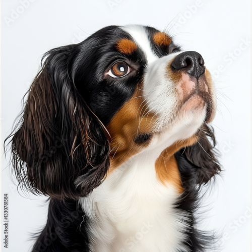 Adorable Cavalier King Charles Spaniel Portrait - Loyal and Intelligent Black, White, and Brown Purebred Dog Looking Up in Studio Shot