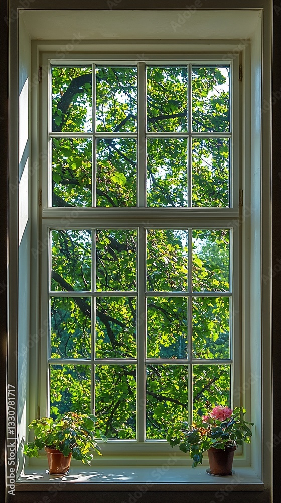 Serene Window View Lush Green Tree Canopy Sunlight Plants Serene Window View Lush Green Tree Canopy Sunlight Plants
