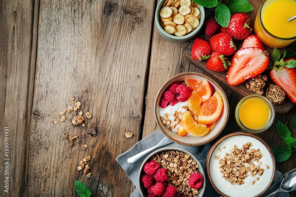 Fresh Morning Breakfast Table Scene With Variety Of Healthy Foods Including Fruits Yogurt And Granola On Rustic Wooden Surface Fresh Morning Breakfast Table Scene With Variety Of Healthy Foods Including Fruits Yogurt And Granola On Rustic Wooden Surface