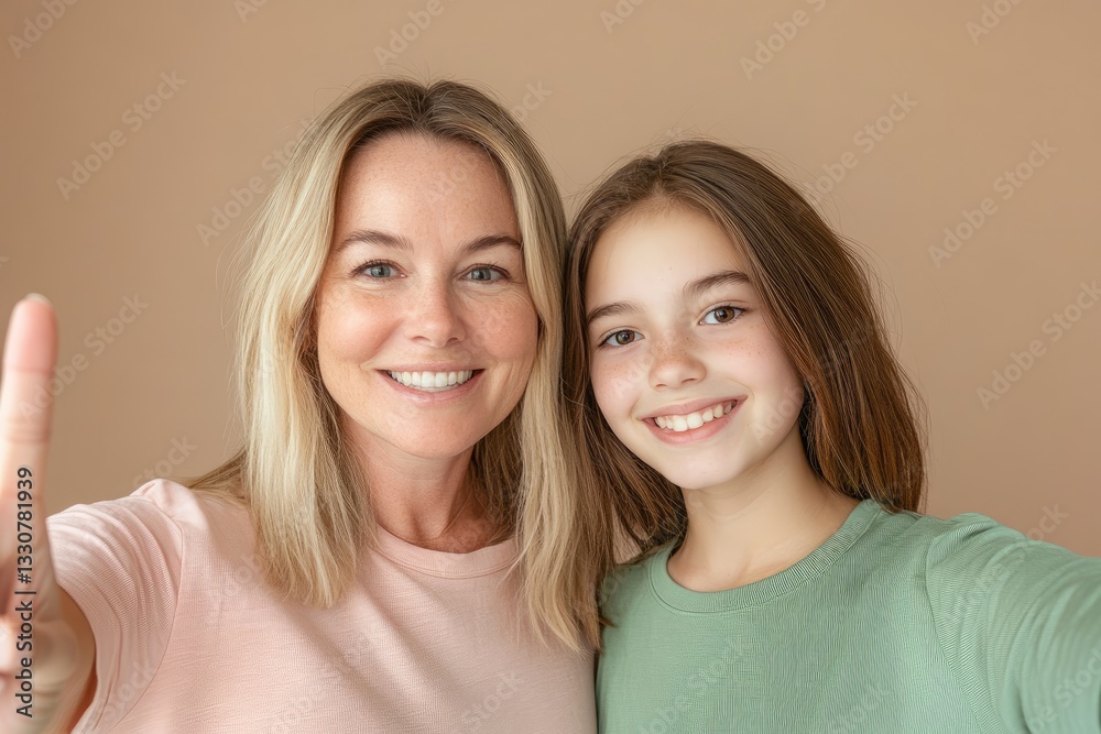 A young woman in her late teens taking a selfie with her mother, both smiling and showing the peace sign on an isolated beige background. A young woman in her late teens taking a selfie with her mother, both smiling and showing the peace sign on an isolated beige background.