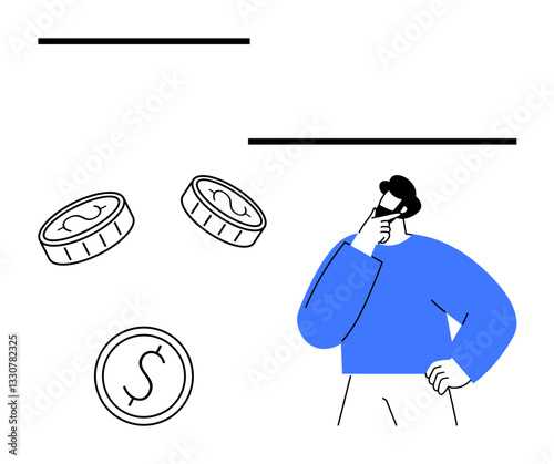 Man in thoughtful pose near money coins, symbolizing decision-making, finance, or savings. Ideal for budget, wealth, planning, investment strategy economy or wealth management. Flat simple