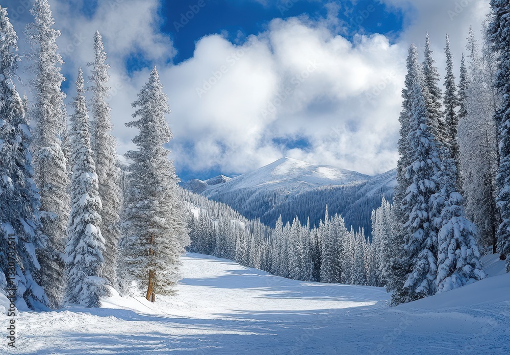 Obraz premium Serene Winter Landscape Featuring Snow-Covered Pines and Majestic Mountains Under a Blue Sky with Fluffy Clouds