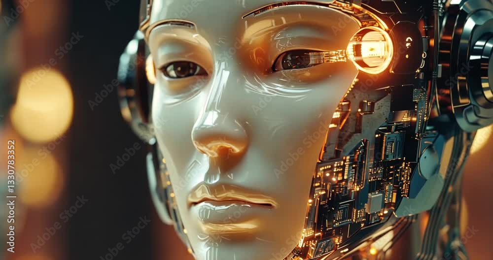 Close Up of a Female Cyborg Head with Glowing Internal Components
