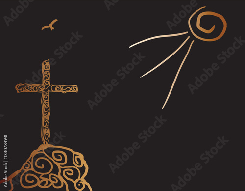Ornate cross standing on hilltop under shining sun and flying bird