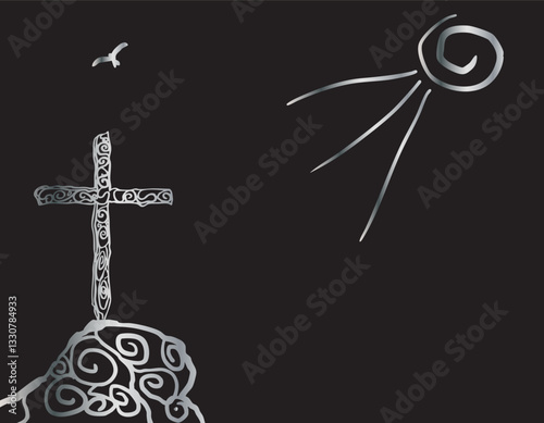 Ornate cross standing on hilltop under shining sun and flying bird