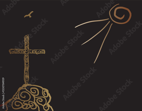 Ornate cross standing on hilltop under shining sun and flying bird