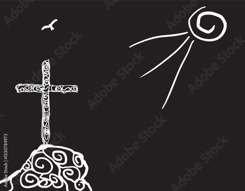 Ornate cross standing on hilltop under shining sun and flying bird