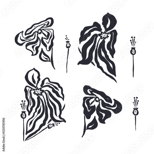Set of black abstract inky flowers and leaves isolated on white. Monochrome sketchy textured loose floral doodles.