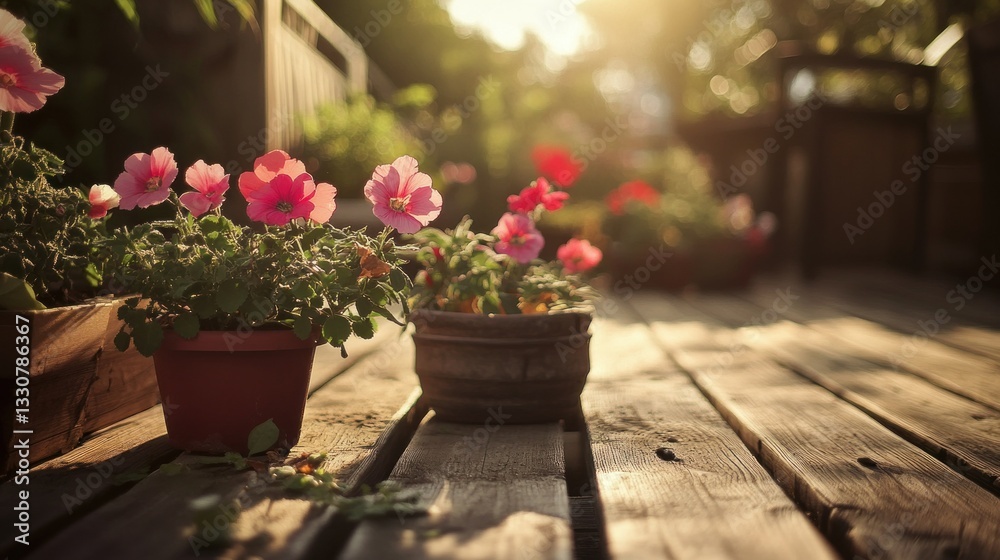 Fototapeta premium Colorful flowers in pots sit on a wooden deck outside