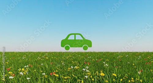 Eco-friendly green car icon in a vibrant spring meadow setting