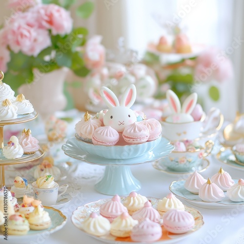 A whimsical Easter afternoon tea setting, with bunny-ear macarons and pastel meringue cookies