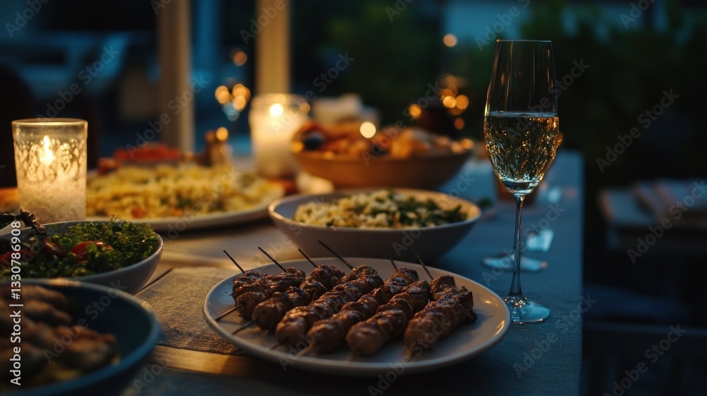 An evening dinner spread showing various dishes and candlelight An evening dinner spread showing various dishes and candlelight