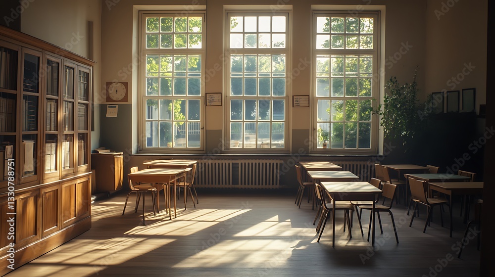 Sunlight Streaming Through Classroom Windows Casting Shadows on Wooden Floor Sunlight Streaming Through Classroom Windows Casting Shadows on Wooden Floor