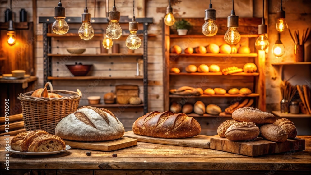 Freshly baked bread displayed on a wooden counter in a cozy bakery surrounded by vintage baking utensils and warm lighting