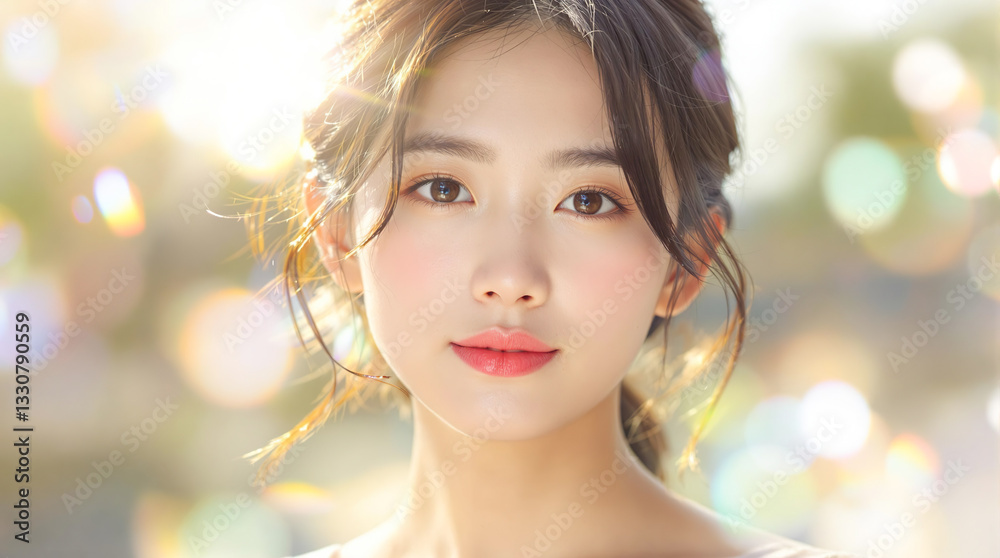 Fototapeta premium キラキラと輝く玉ボケと美しいアジア人女性の顔のクローズアップ