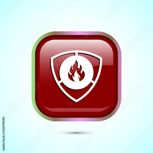 Fire resistant icon design illustration, Fire flame protection sign symbol, Red color square button design