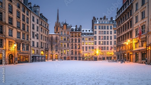 Fototapeta Naklejka Na Ścianę i Meble -  Snowy European square at twilight.