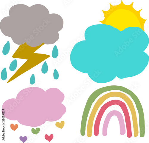 Cute Weather Icons Sun, Clouds, Rain, Rainbow, and Lightning