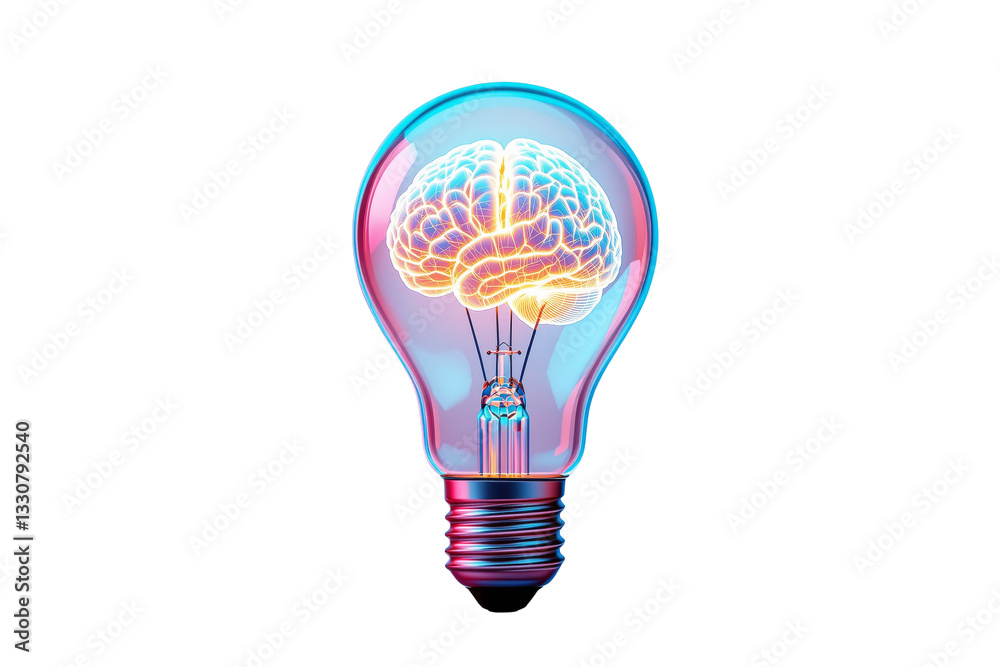 Fototapeta premium Conceptual image of a transparent light bulb containing a glowing brain, isolated on a white background. Symbol of intelligence, creativity, and innovation. Ai generative