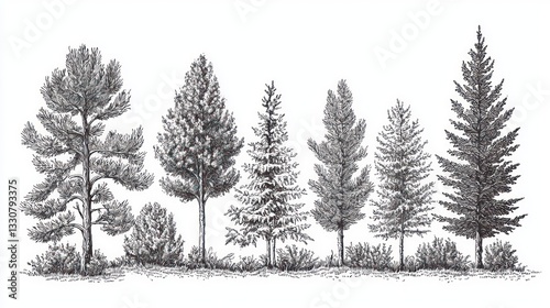 Seven evergreen trees illustration.