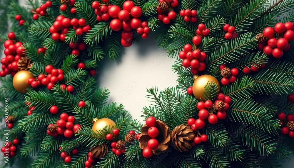 A lush, green fir wreath adorned with red berries, gold ornaments, and pinecones, gold, ribbon