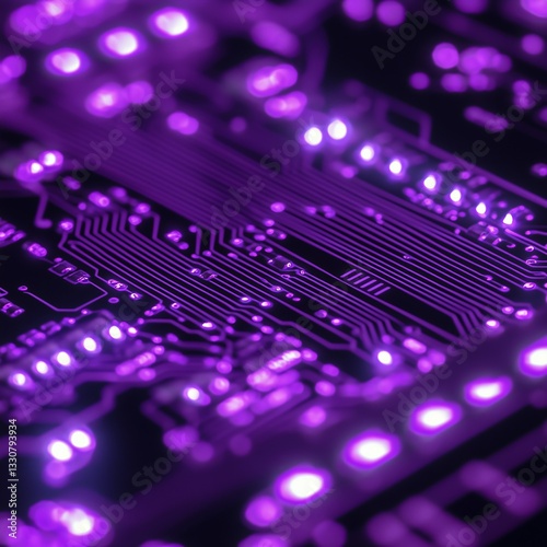 Close-up of glowing purple circuit board with intricate patterns