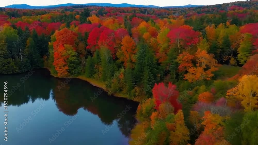 Aerial view of vibrant autumn foliage surrounding a calm lake. Red, orange, and yellow trees dominate the landscape, with hints of green. Mountains are visible in the background under a clear sky