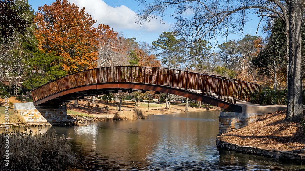 Autumn park bridge over serene lake