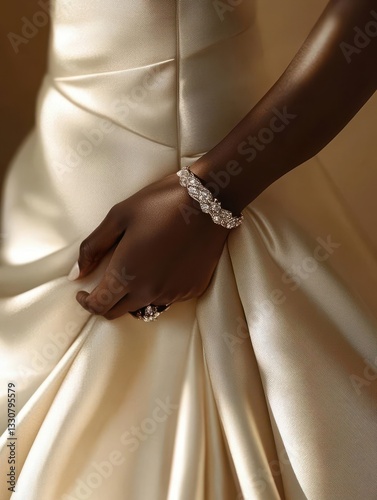 Elegant Midsection Detail of a Bride Showcasing a Stunning Wedding Dress and Exquisite Bracelet in a Romantic, High Fashion Setting