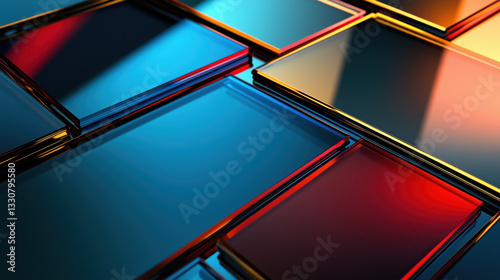  Blue, Red, and Gold Glass Sheets and Panels Arranged in an Angular Pattern on the Right Side with Transparent Texture, Gradient Colors, and Smooth Light Reflections Against a Black Background