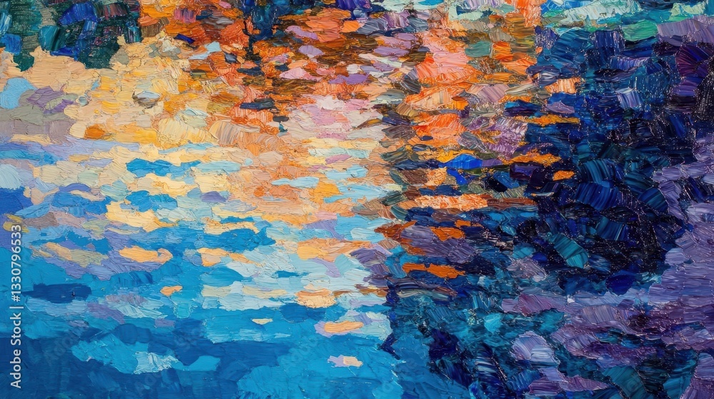 Colorful and abstract painting depicting the reflections on water surfaces Colorful and abstract painting depicting the reflections on water surfaces