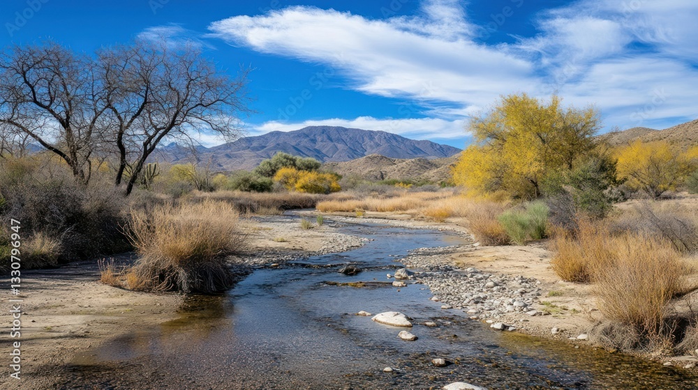 A scenic landscape featuring a tranquil stream and distant mountains A scenic landscape featuring a tranquil stream and distant mountains