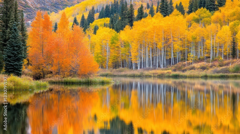 Naklejka premium A stunning reflection of fall foliage in tranquil water during autumn