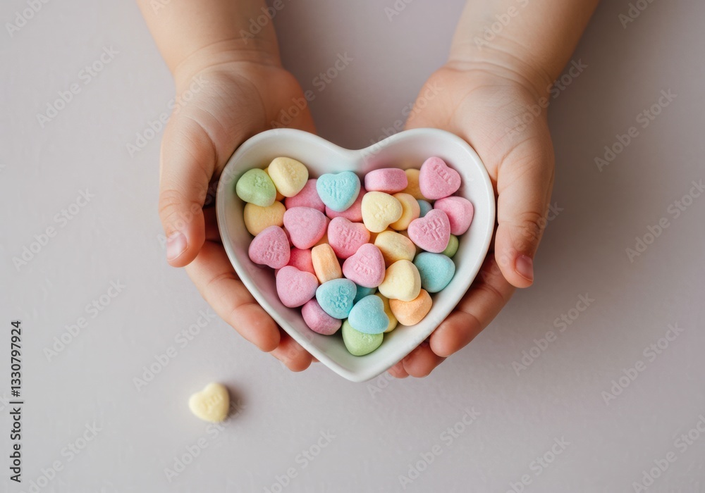 Children's hands holding heart-shaped bowl with colorful candy hearts Children's hands holding heart-shaped bowl with colorful candy hearts