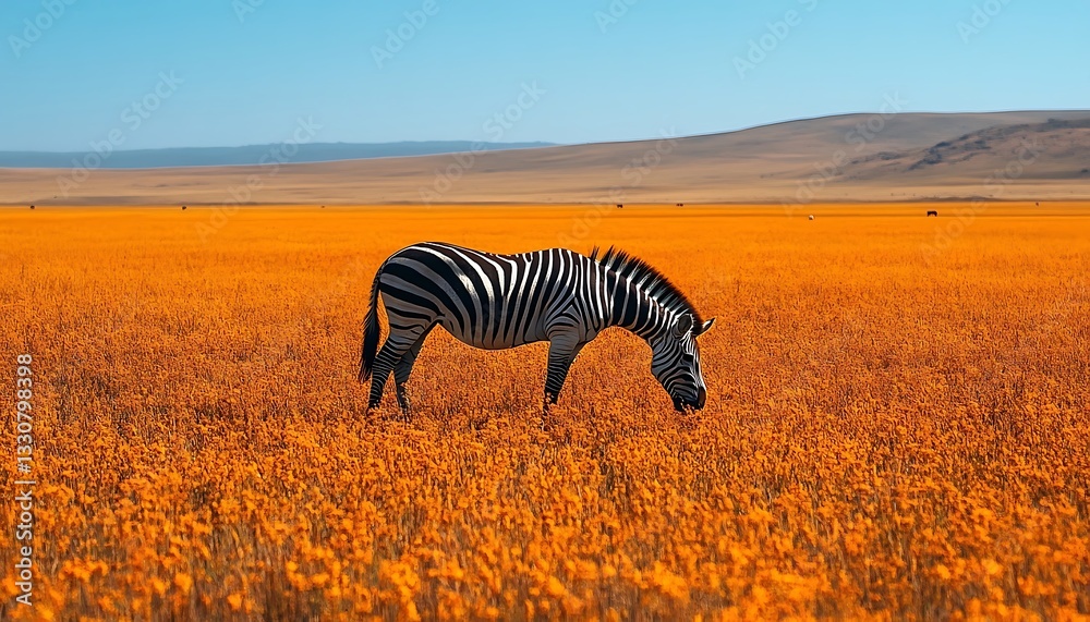 Naklejka premium Zebra Grazing In Orange Flower Field
