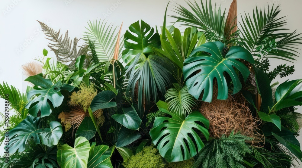 Fototapeta premium A vibrant and lush floral arrangement of a variety of tropical plants, including Monstera and more