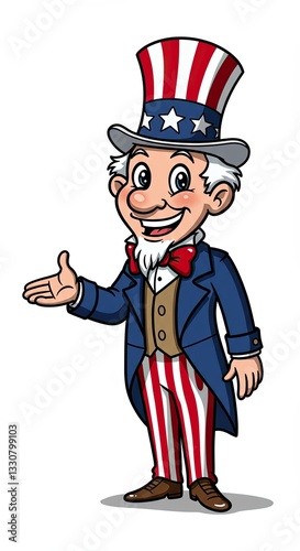 Cartoon uncle sam character with patriotic hat and striped pants offering a friendly gesture