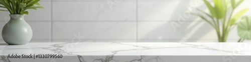 Empty marble countertop, subtle tile wall blur, background, counter