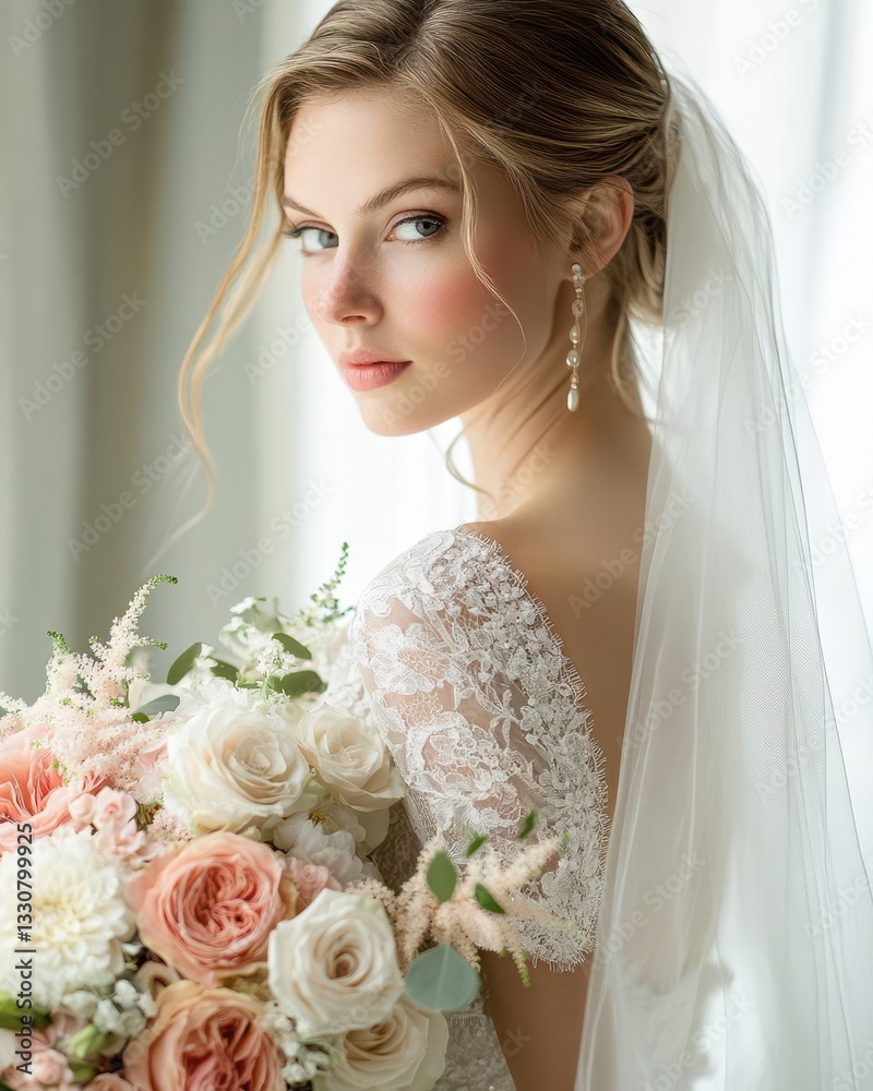 Naklejka premium Exquisite Radiant Bride Embodying Timeless Elegance and Grace in a Stunning Modern Wedding Portrait Evoking Dreams of Love