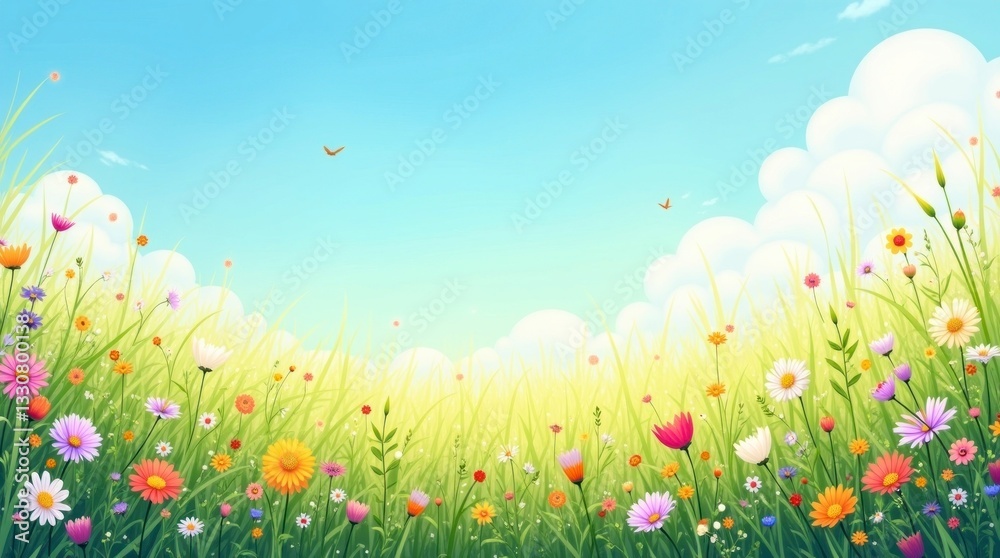 a lush meadow on a warm, sunny spring day, filled with a variety of wildflowers of all shapes and sizes a lush meadow on a warm, sunny spring day, filled with a variety of wildflowers of all shapes and sizes
