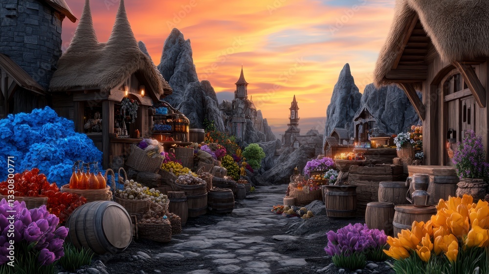 Obraz premium Enchanting Market Scene at Sunset Surrounded by Vibrant Nature