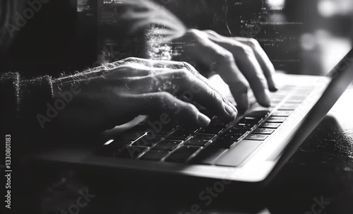 Hacker is launching a cyber attack from his laptop, typing code in a blurred city background