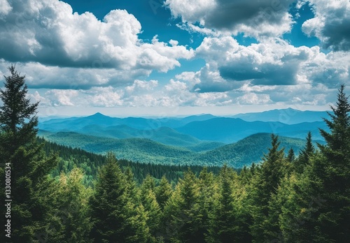 Vast Panoramic View of Lush Green Forests and Mountains Under a Dramatic Cloudy Sky Landscape