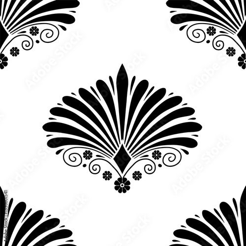 Seamless pattern with black anthemion floral motifs on a white background. Monochrome classic abstract repeat wallpaper.