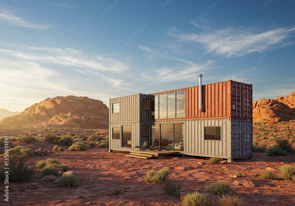 Modern shipping container house in desert setting with stunning mountain views Modern shipping container house in desert setting with stunning mountain views