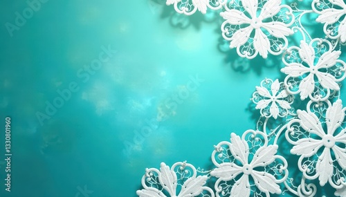 Intricate white lace overlaying faded teal background, detail, subtle