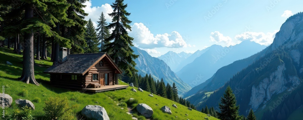 Fototapeta premium Secluded cabin, towering trees, cloudless azure sky, wilderness, wood, summer